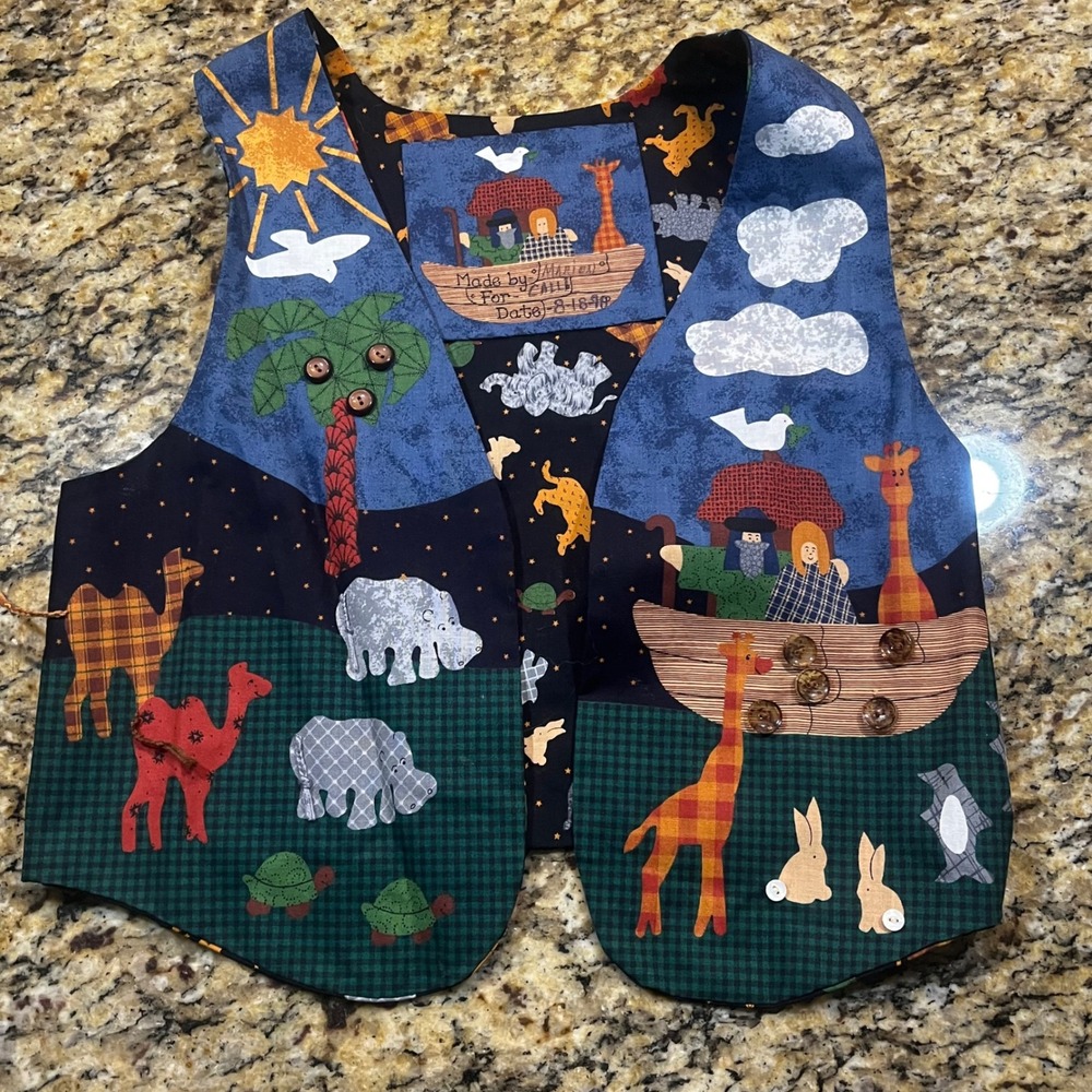 Vintage 1998 Handmade Noahs Ark Patchwork‎ Vest Kids Animal Applique Religious
